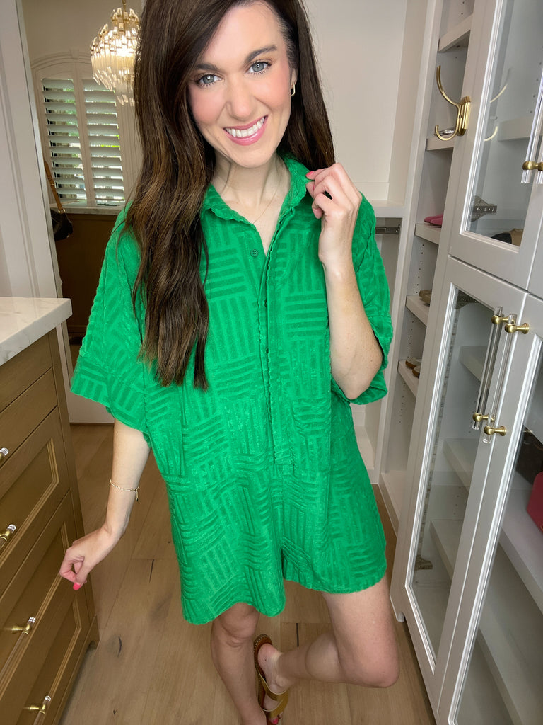 Poolside Cabana Terry Romper in Green