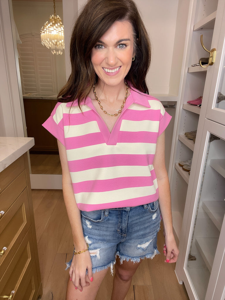 Love That Lasts Striped Collared Top in Pink