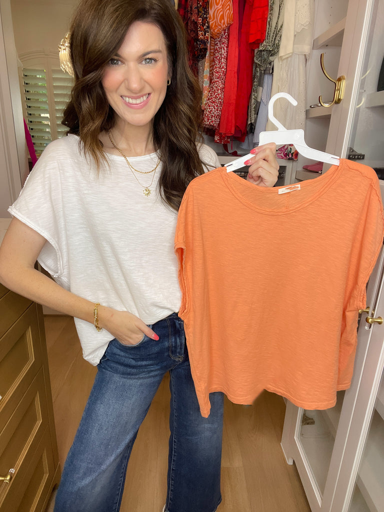 Casual Convo Exposed Seam Top in Papaya and White
