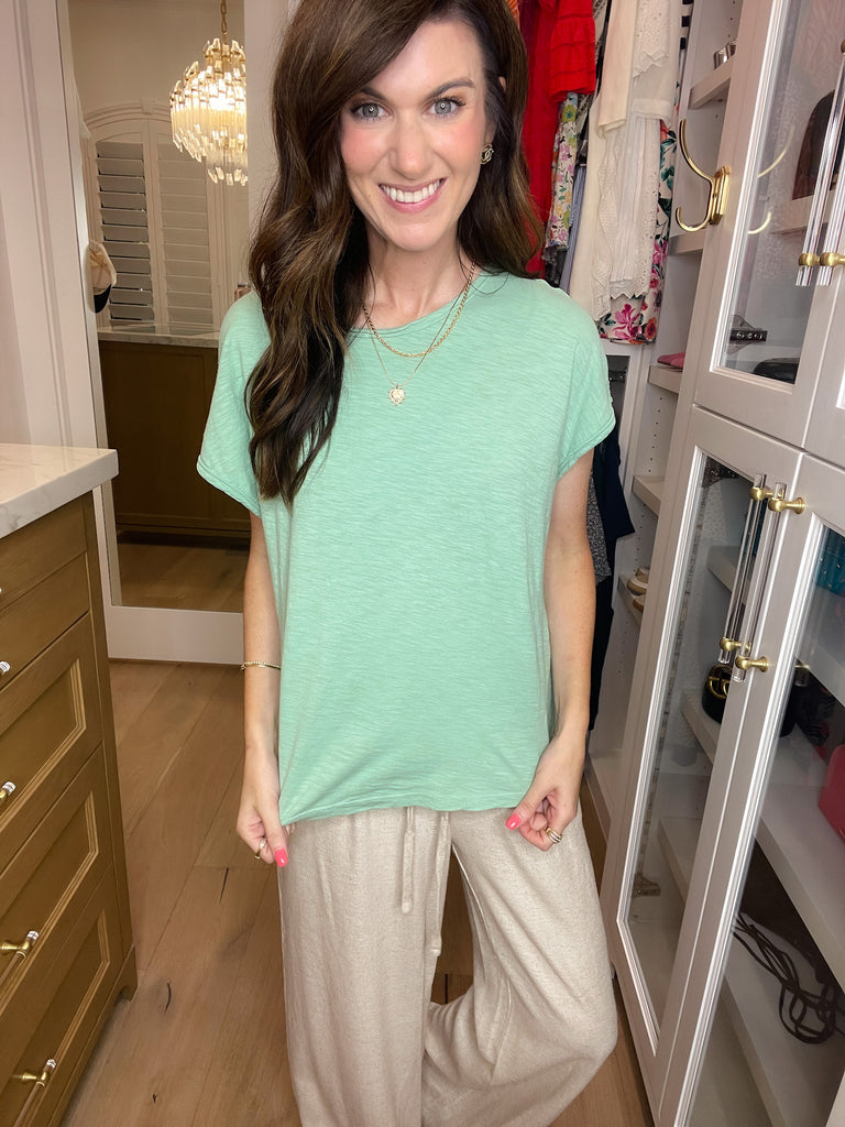 Casual Convo Exposed Seam Top in Charcoal and Sage