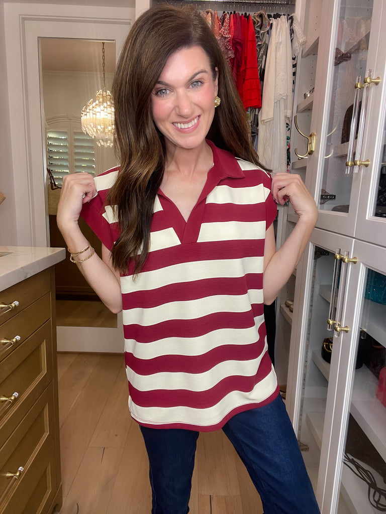 Love That Lasts Striped Collared Top in Garnet