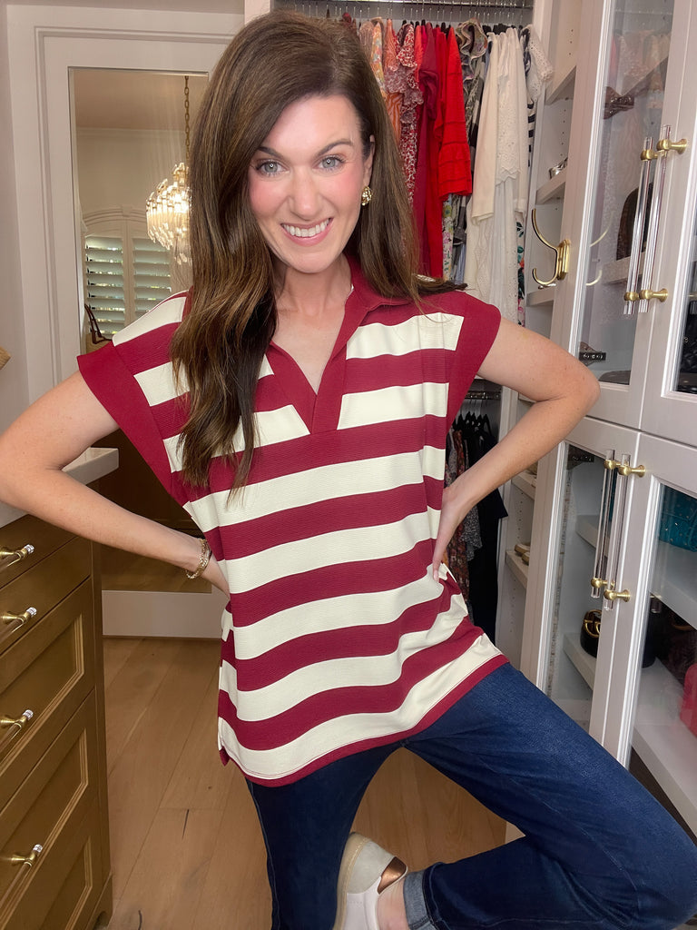 Love That Lasts Striped Collared Top in Garnet
