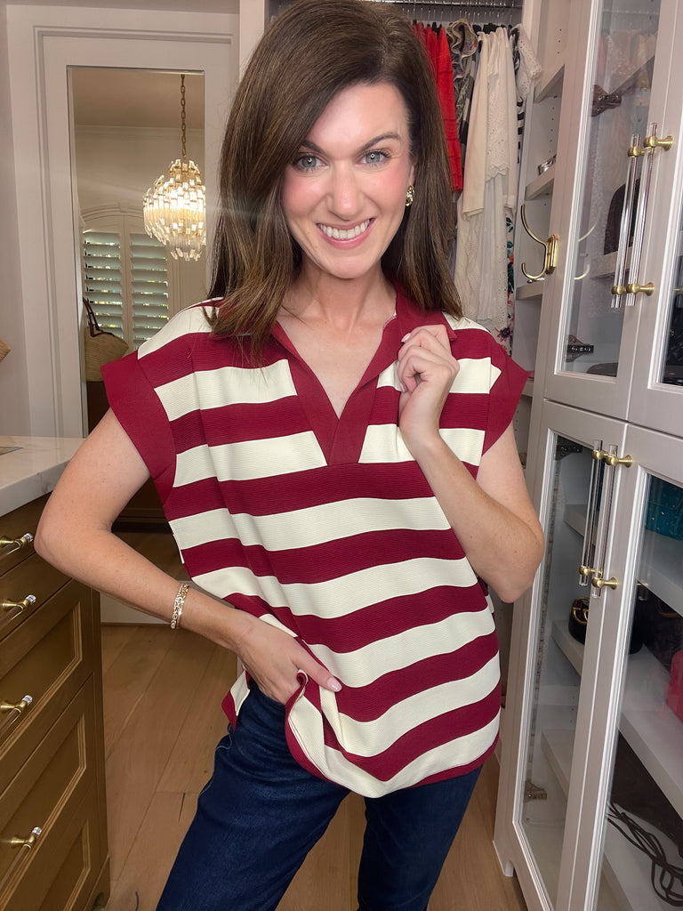 Love That Lasts Striped Collared Top in Garnet
