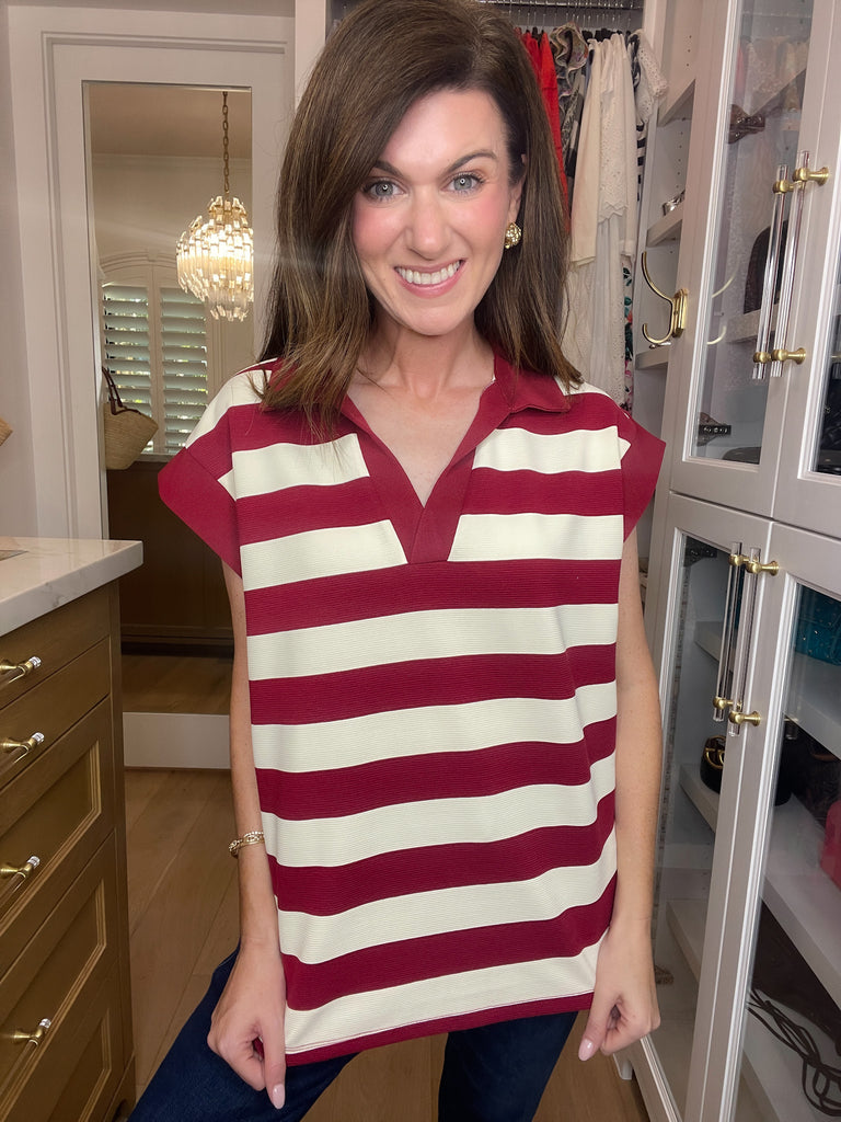 Love That Lasts Striped Collared Top in Garnet
