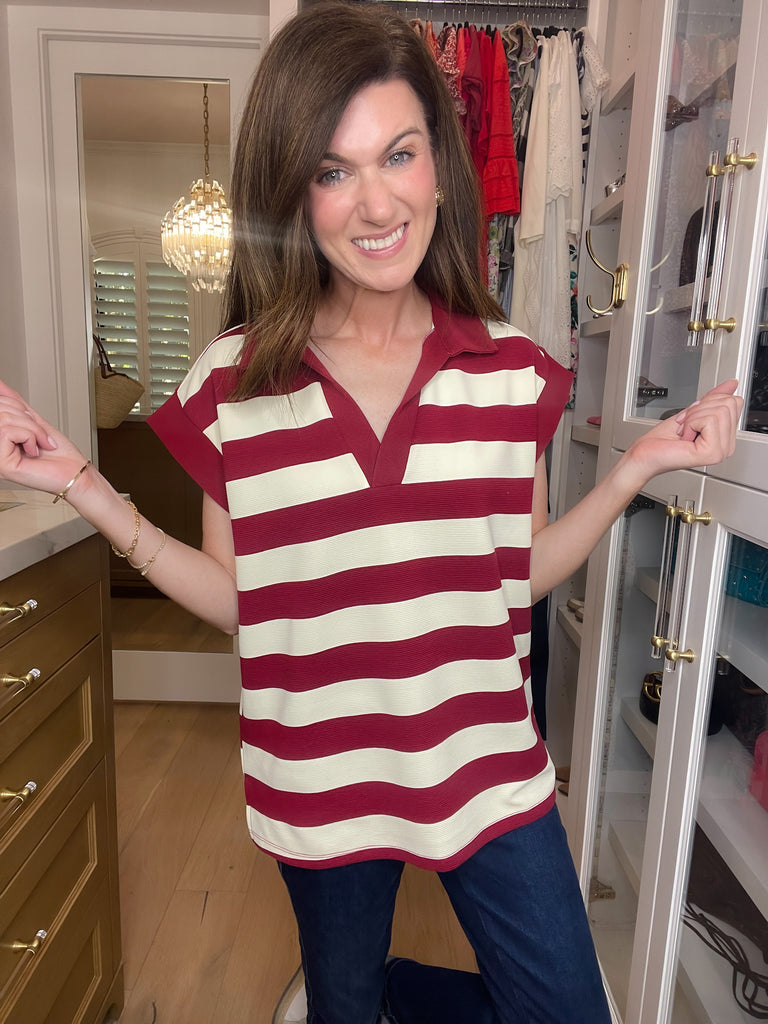 Love That Lasts Striped Collared Top in Garnet