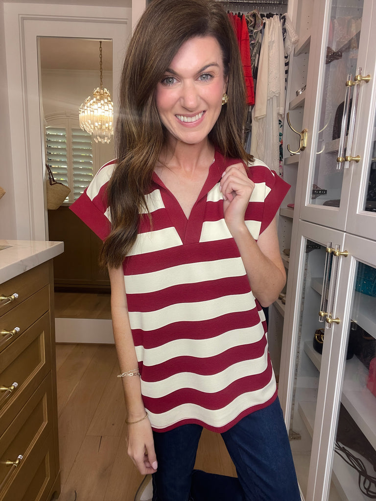 Love That Lasts Striped Collared Top in Garnet