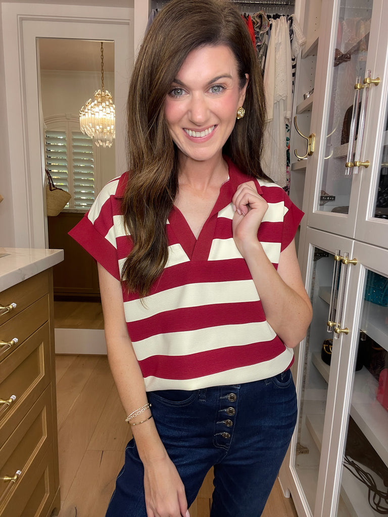 Love That Lasts Striped Collared Top in Garnet