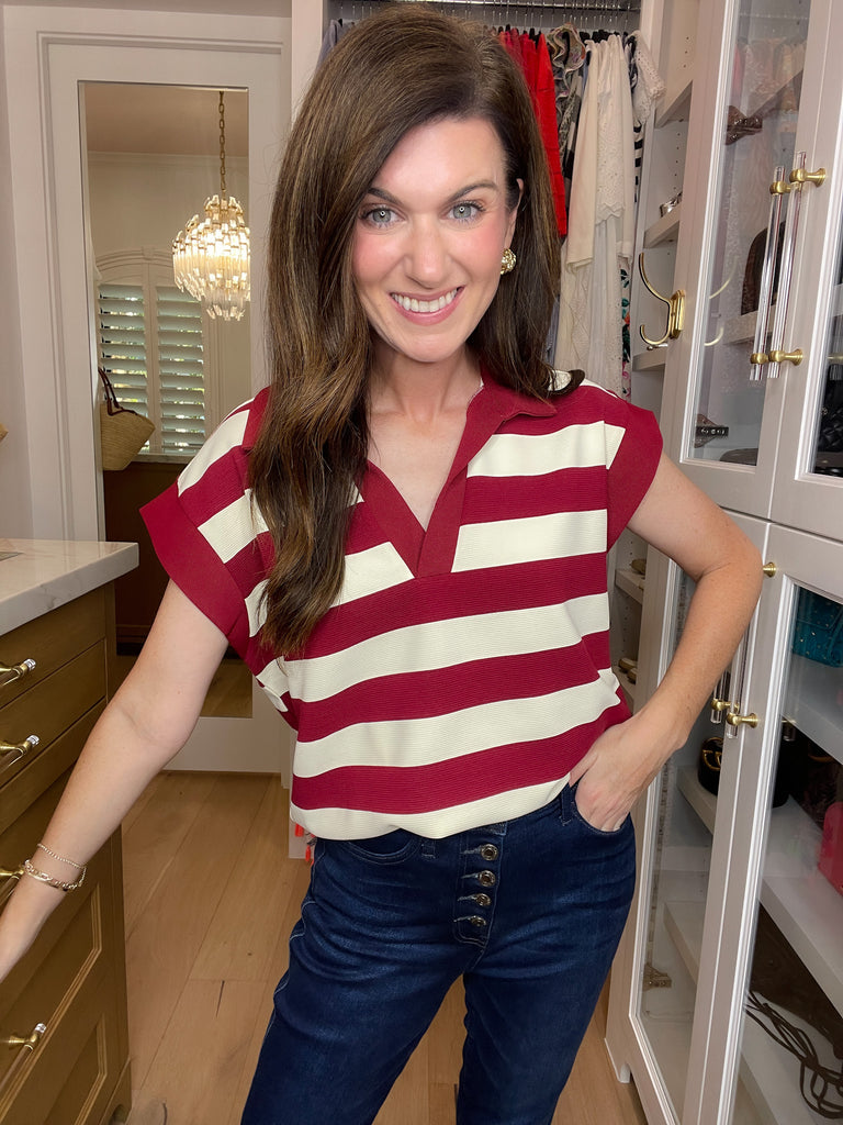 Love That Lasts Striped Collared Top in Garnet