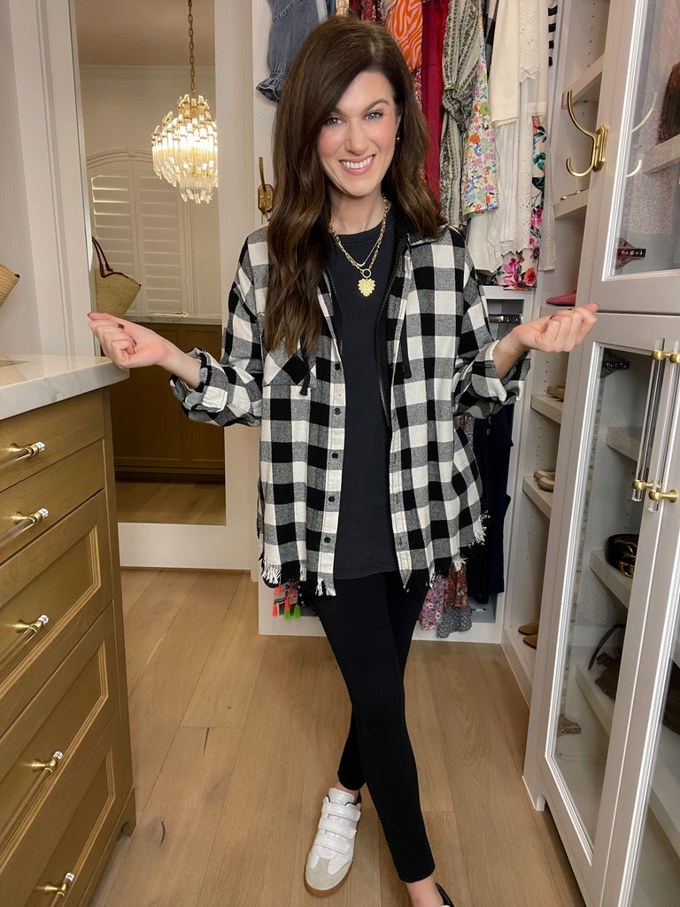 Risen Cabin Cutie Hooded Plaid Shacket in Black/White