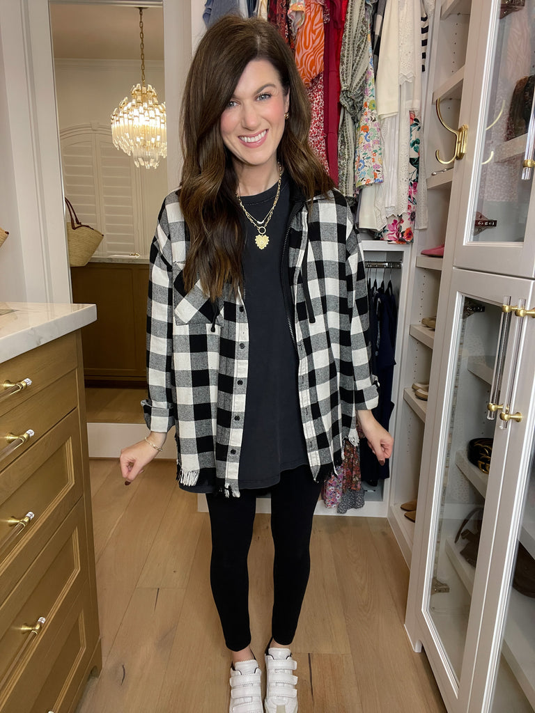 Risen Cabin Cutie Hooded Plaid Shacket in Black/White