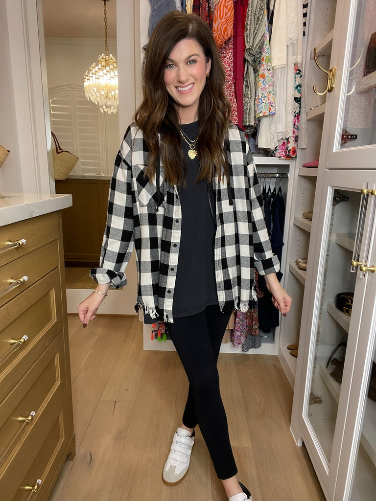 Risen Cabin Cutie Hooded Plaid Shacket in Black/White