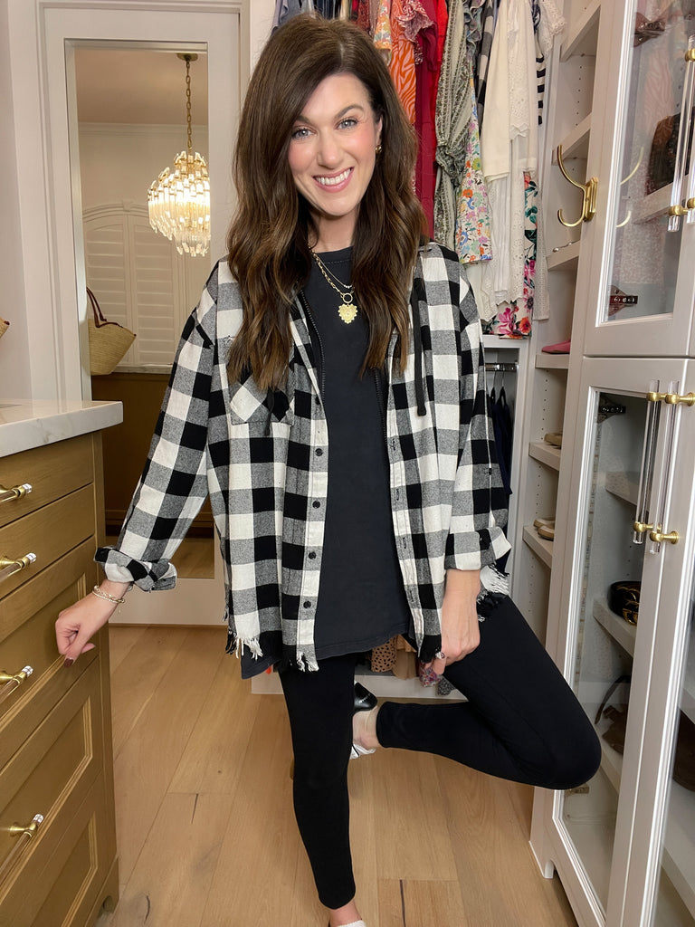 Risen Cabin Cutie Hooded Plaid Shacket in Black/White