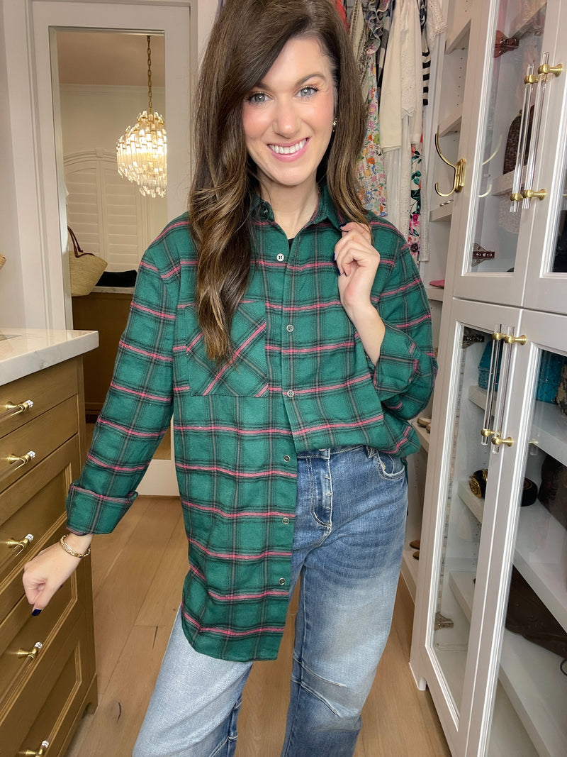 Coffee Run Plaid Button Down in Hunter – Belles and Whistles Boutique