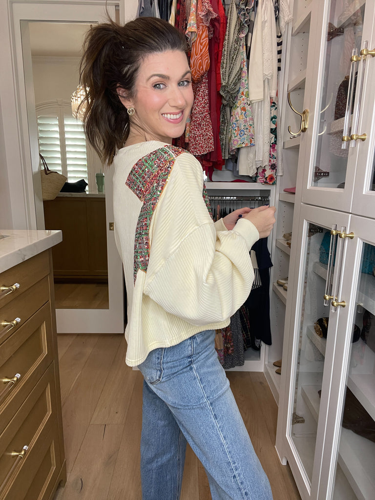 I'm a Gift Sequin Bow Corded Pullover in Cream
