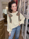 I'm a Gift Sequin Bow Corded Pullover in Cream