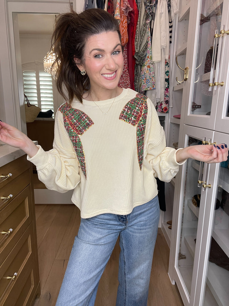 I'm a Gift Sequin Bow Corded Pullover in Cream