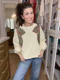 I'm a Gift Sequin Bow Corded Pullover in Cream