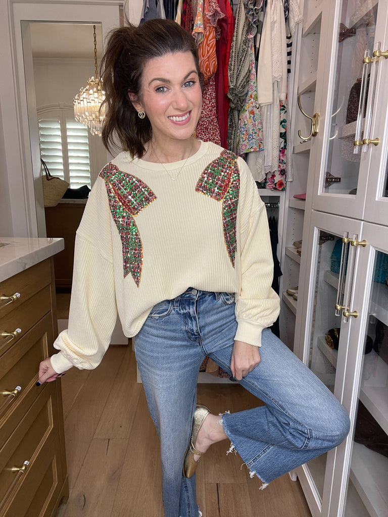 I'm a Gift Sequin Bow Corded Pullover in Cream