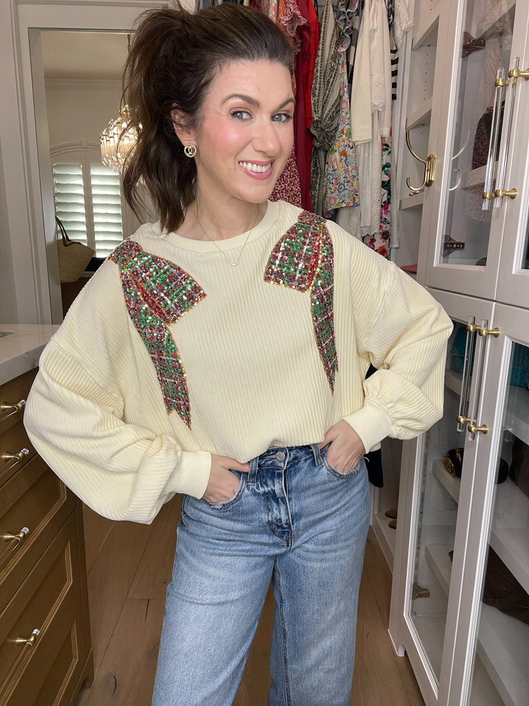 I'm a Gift Sequin Bow Corded Pullover in Cream