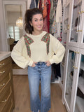 I'm a Gift Sequin Bow Corded Pullover in Cream