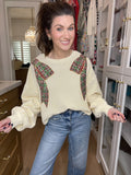 I'm a Gift Sequin Bow Corded Pullover in Cream