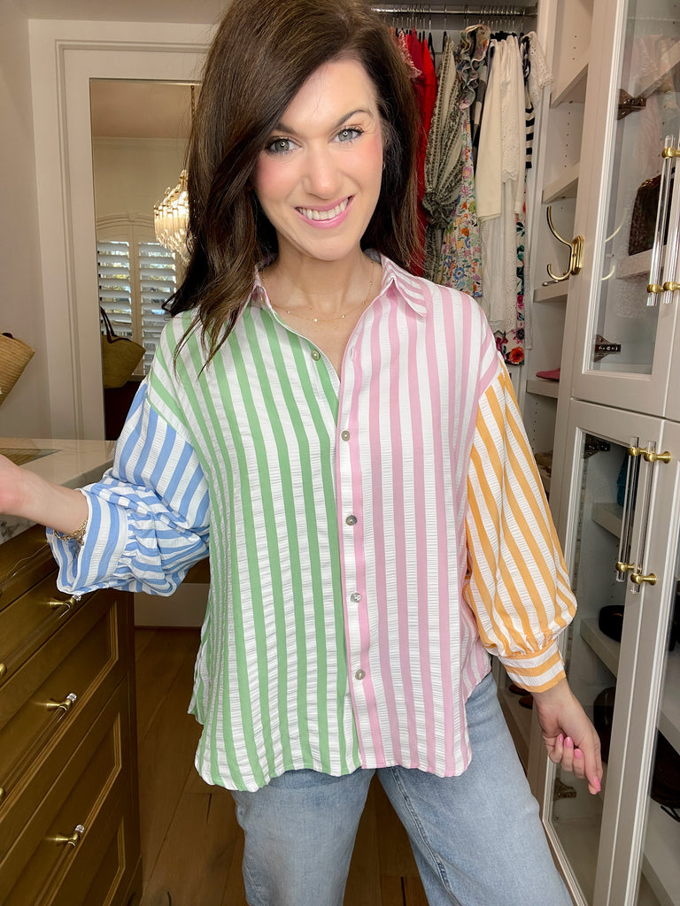 Spring Fling Striped Button Down in Pink Combo