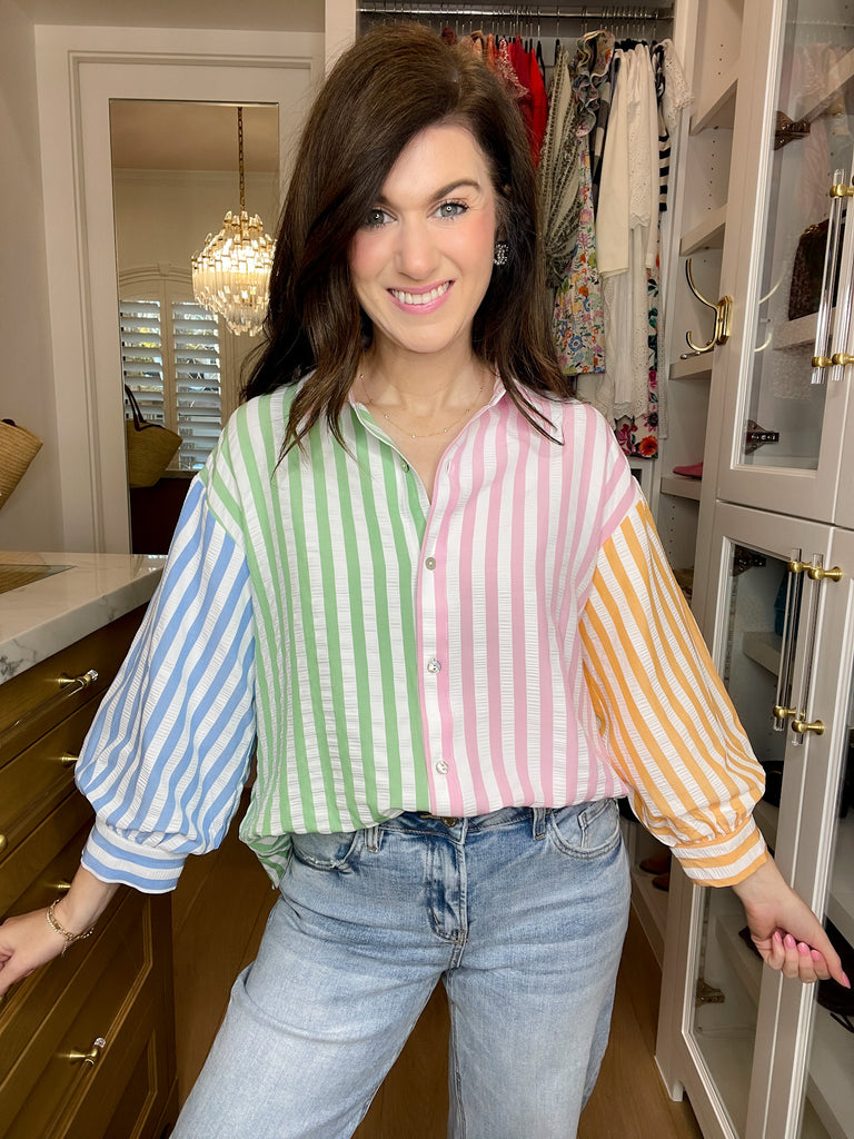 Spring Fling Striped Button Down in Pink Combo