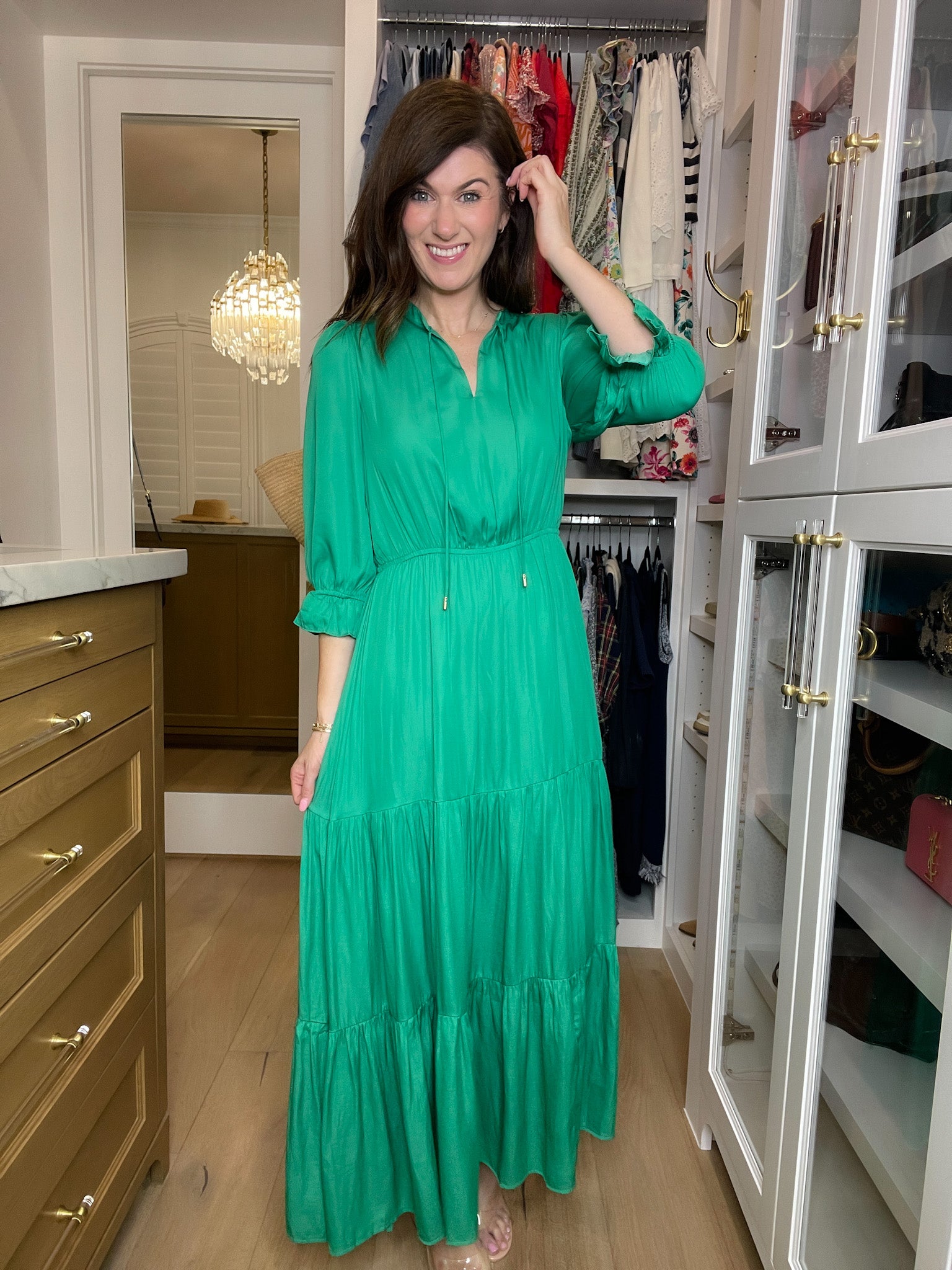 knee length dresses for ladies Emerald Green Round Neck Long Sleeve Maxi Dress Small main image 1