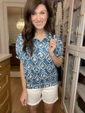 Blue Mosaic Collared Top