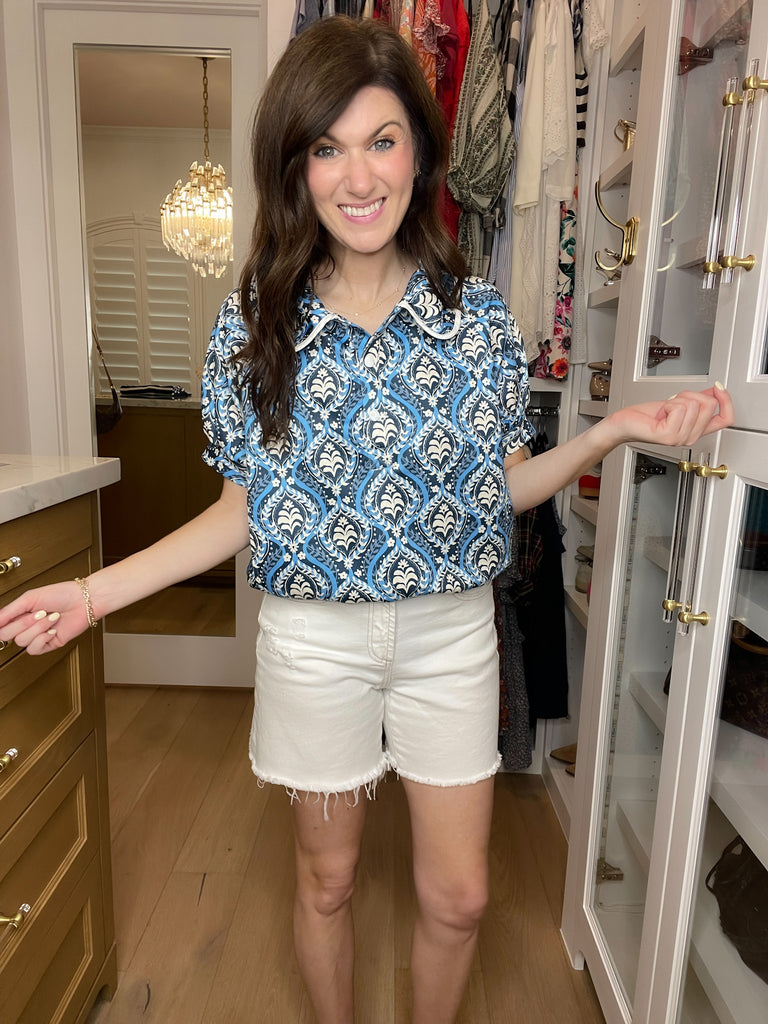 Blue Mosaic Collared Top