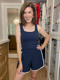 Fast Track Shortsie Romper in Navy