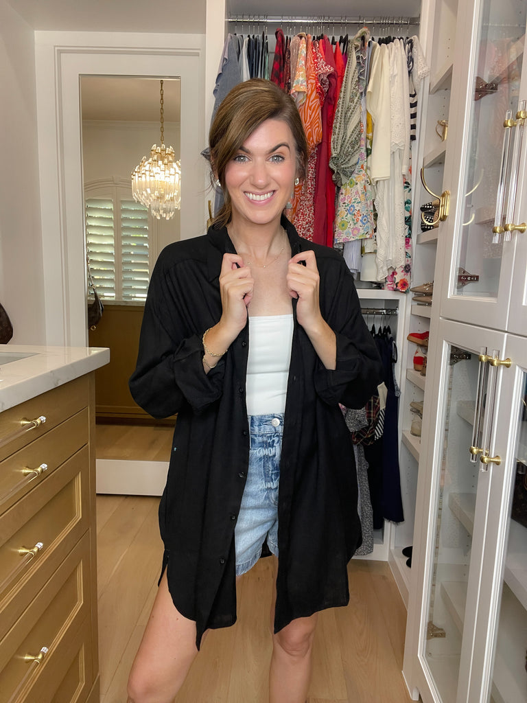 Mono B Isle of Palm Linen Button Down in Black
