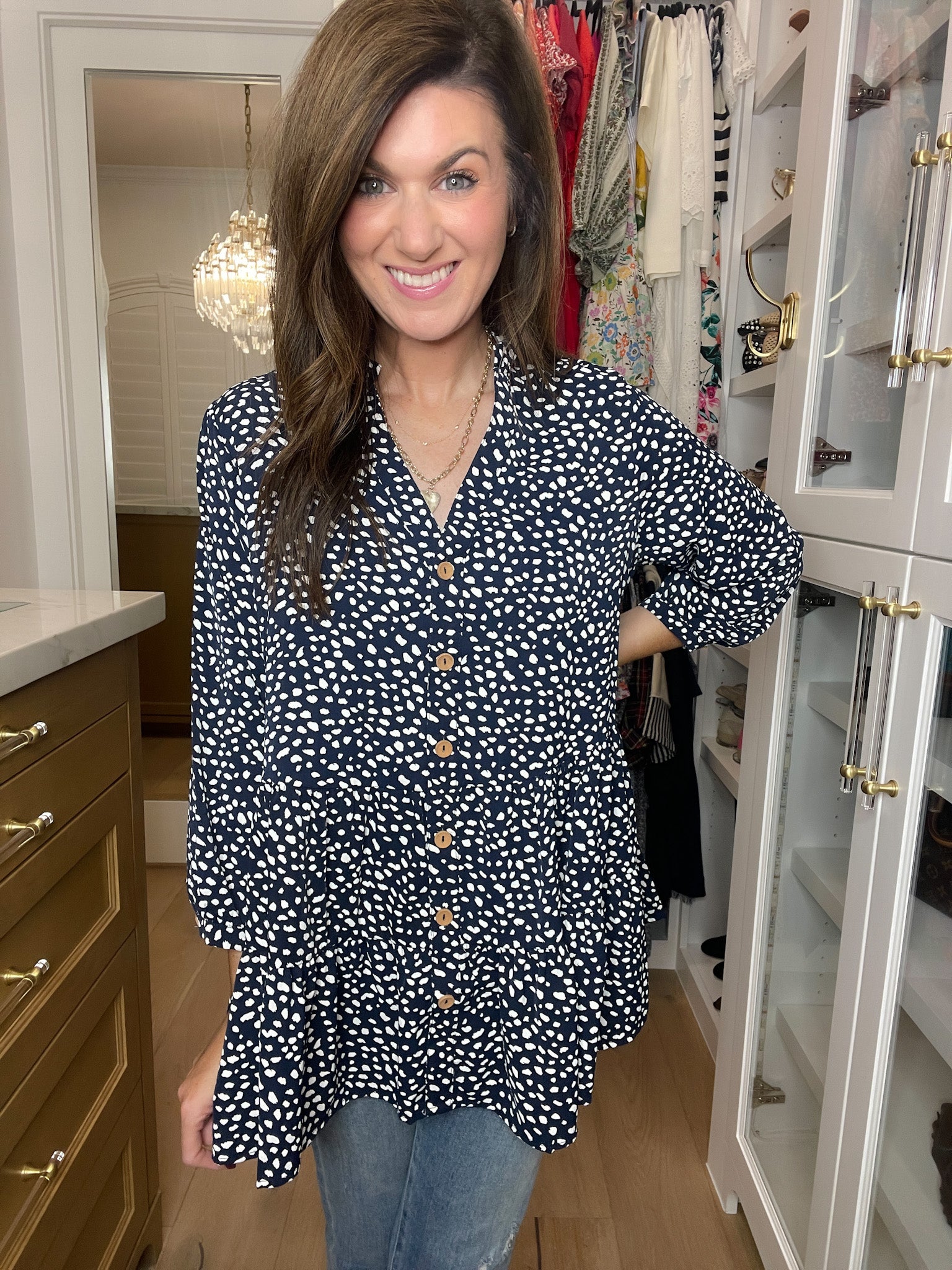Major Charisma Tiered Spotty Dot Top in Navy