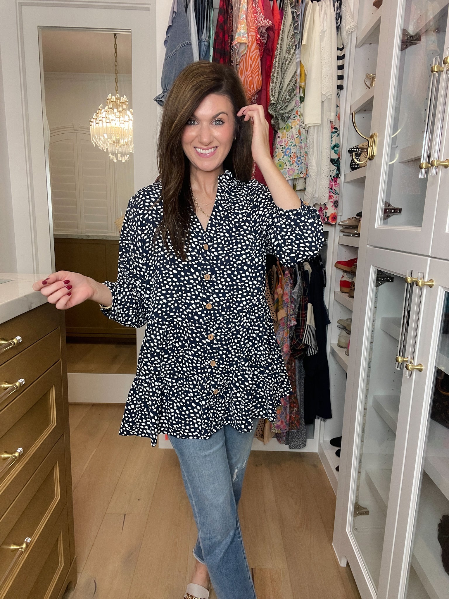 Major Charisma Tiered Spotty Dot Top in Navy