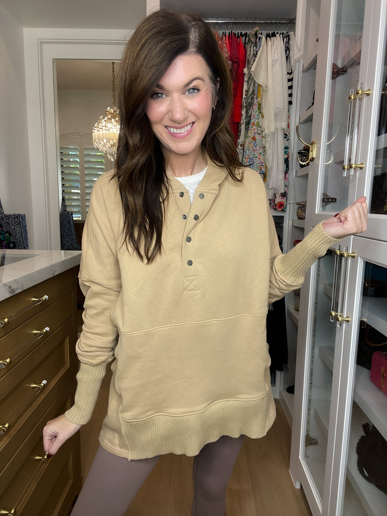 Looking Forward Hooded Pullover in Taupe