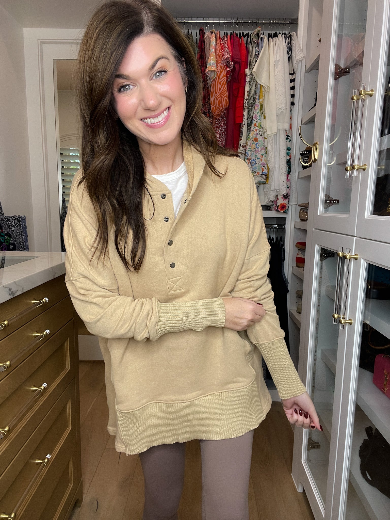 Looking Forward Hooded Pullover in Taupe