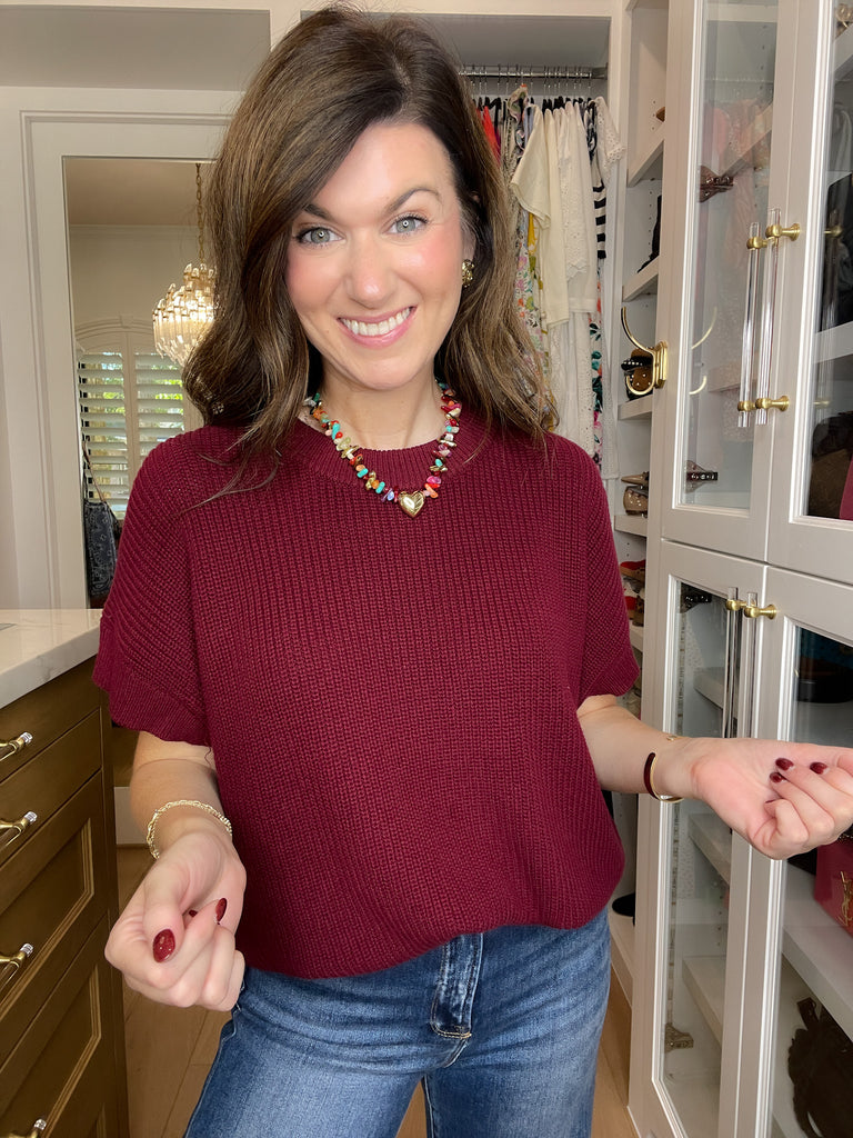 Cozy in the South Short Sleeve Sweater in Burgundy