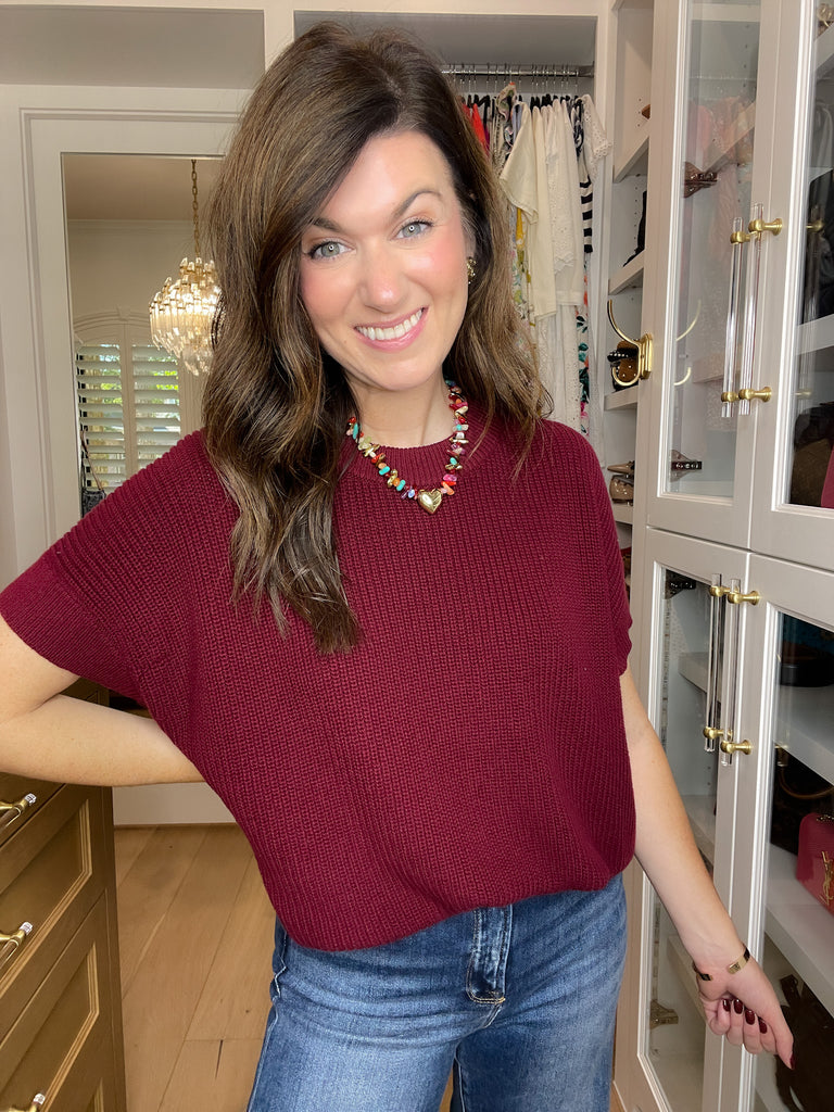 Cozy in the South Short Sleeve Sweater in Burgundy