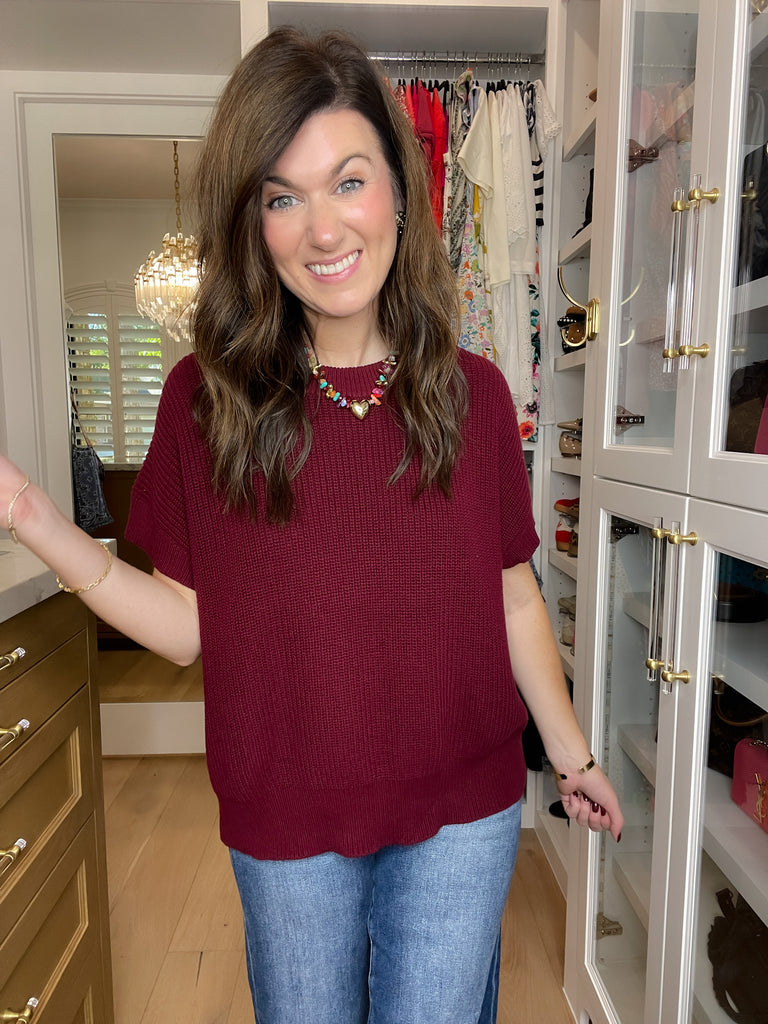 Cozy in the South Short Sleeve Sweater in Burgundy