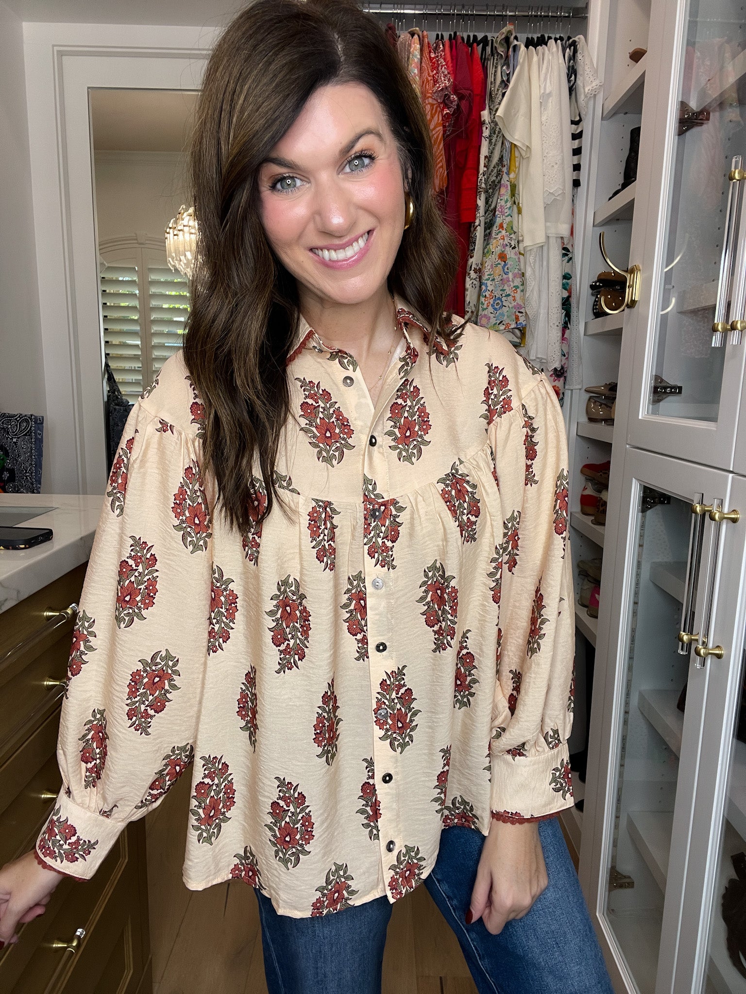 Catching Glances Floral Button Down in Cream