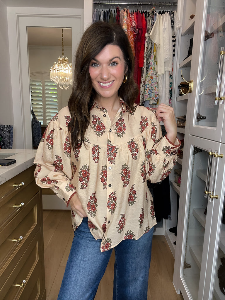 Catching Glances Floral Button Down in Cream