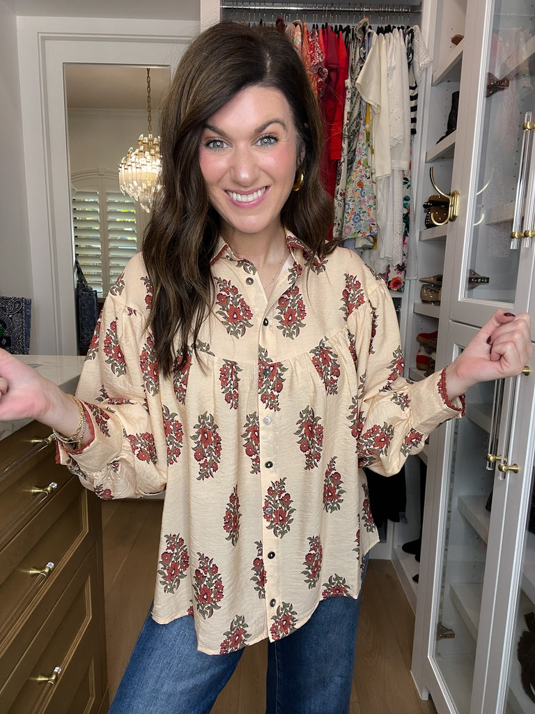 Catching Glances Floral Button Down in Cream