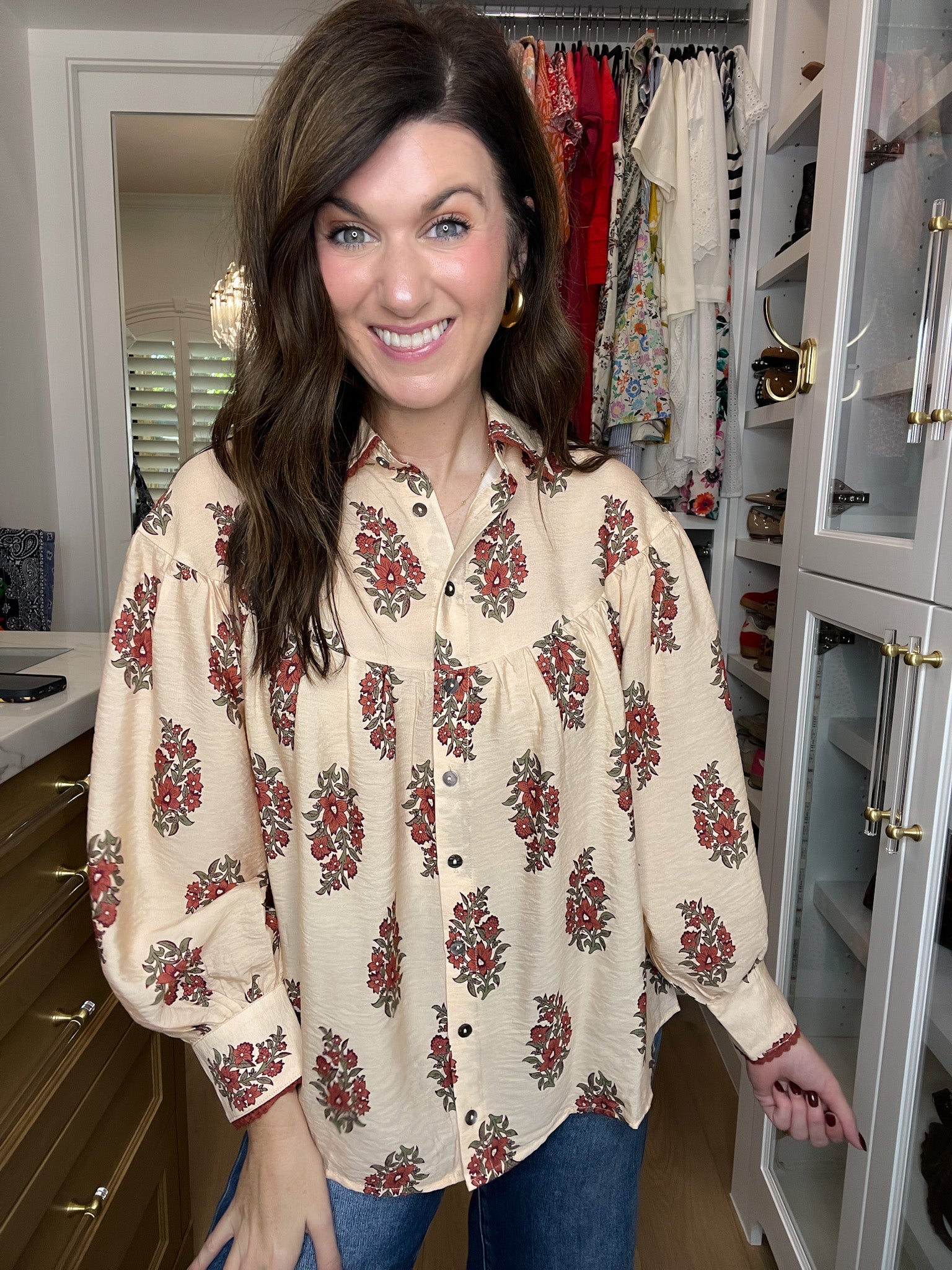 Catching Glances Floral Button Down in Cream