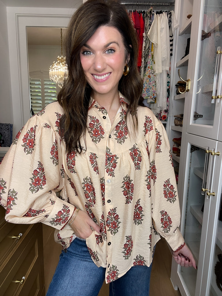 Catching Glances Floral Button Down in Cream