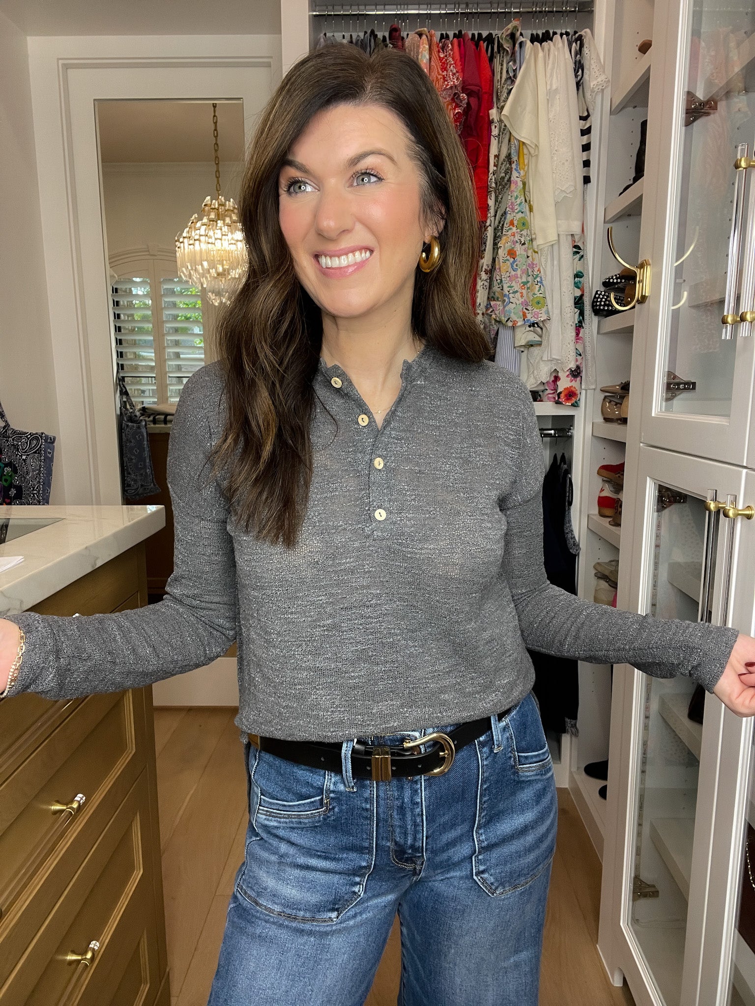Simple Charm Knit Henley in Charcoal