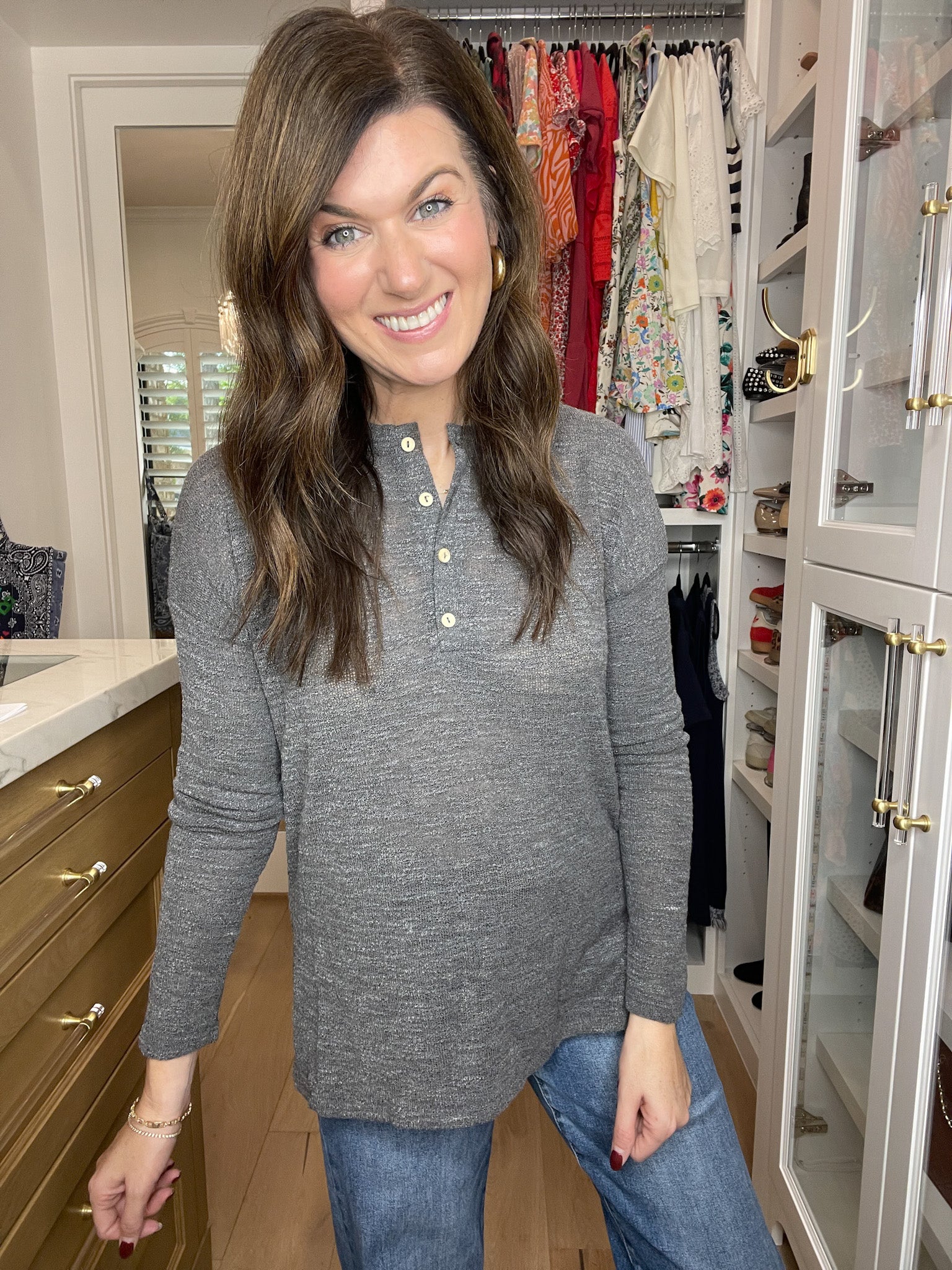 Simple Charm Knit Henley in Charcoal