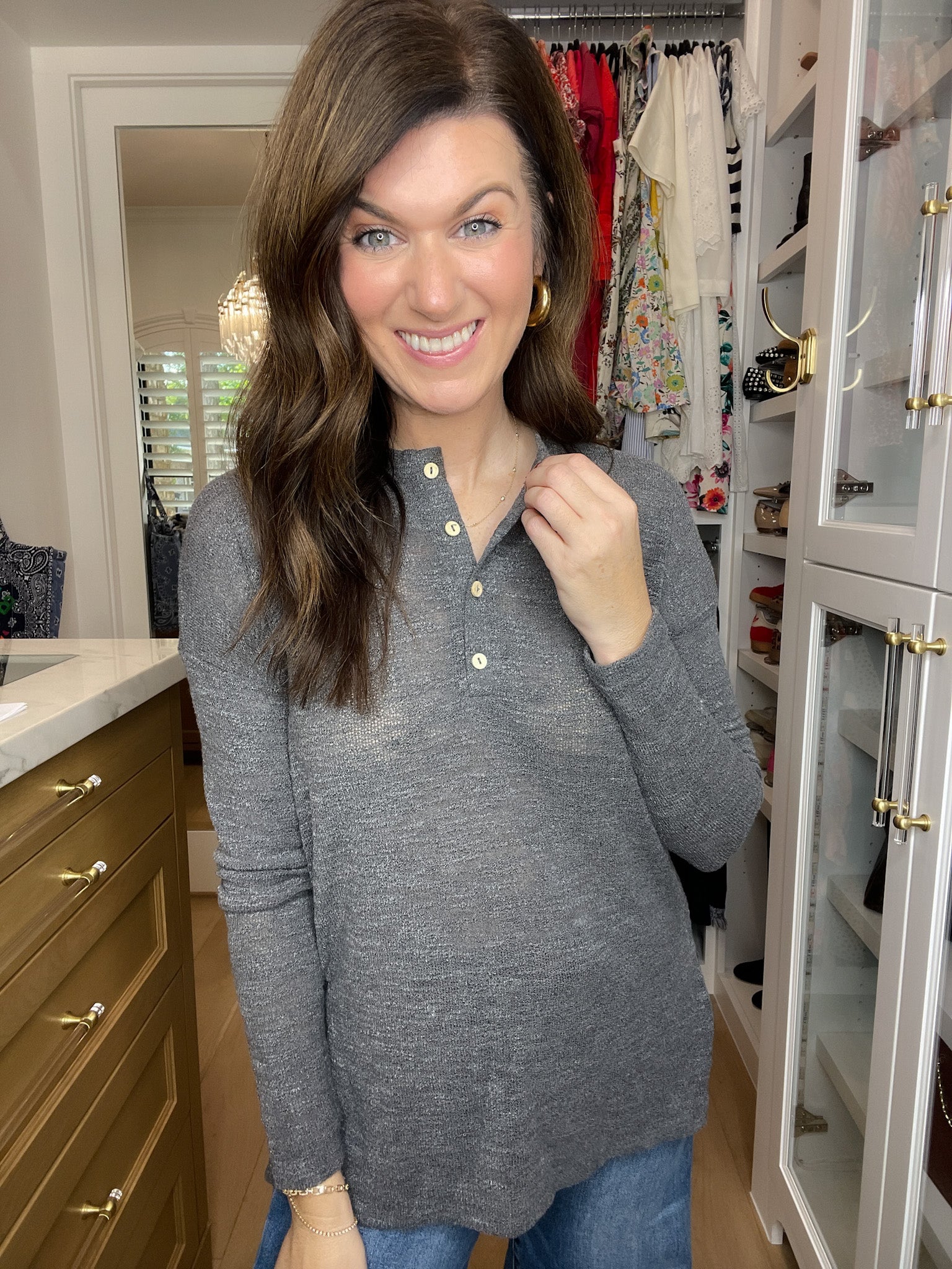 Simple Charm Knit Henley in Charcoal