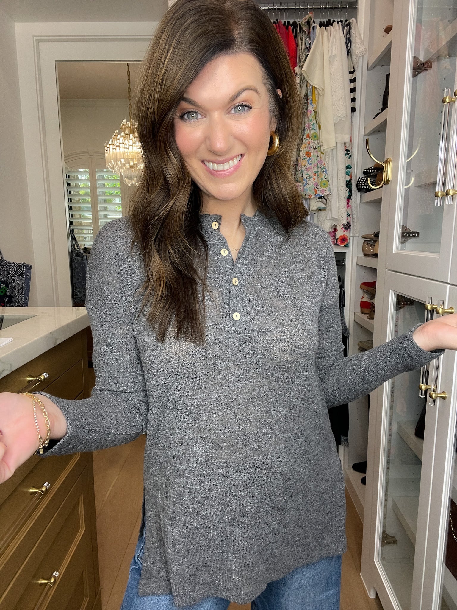 Simple Charm Knit Henley in Charcoal