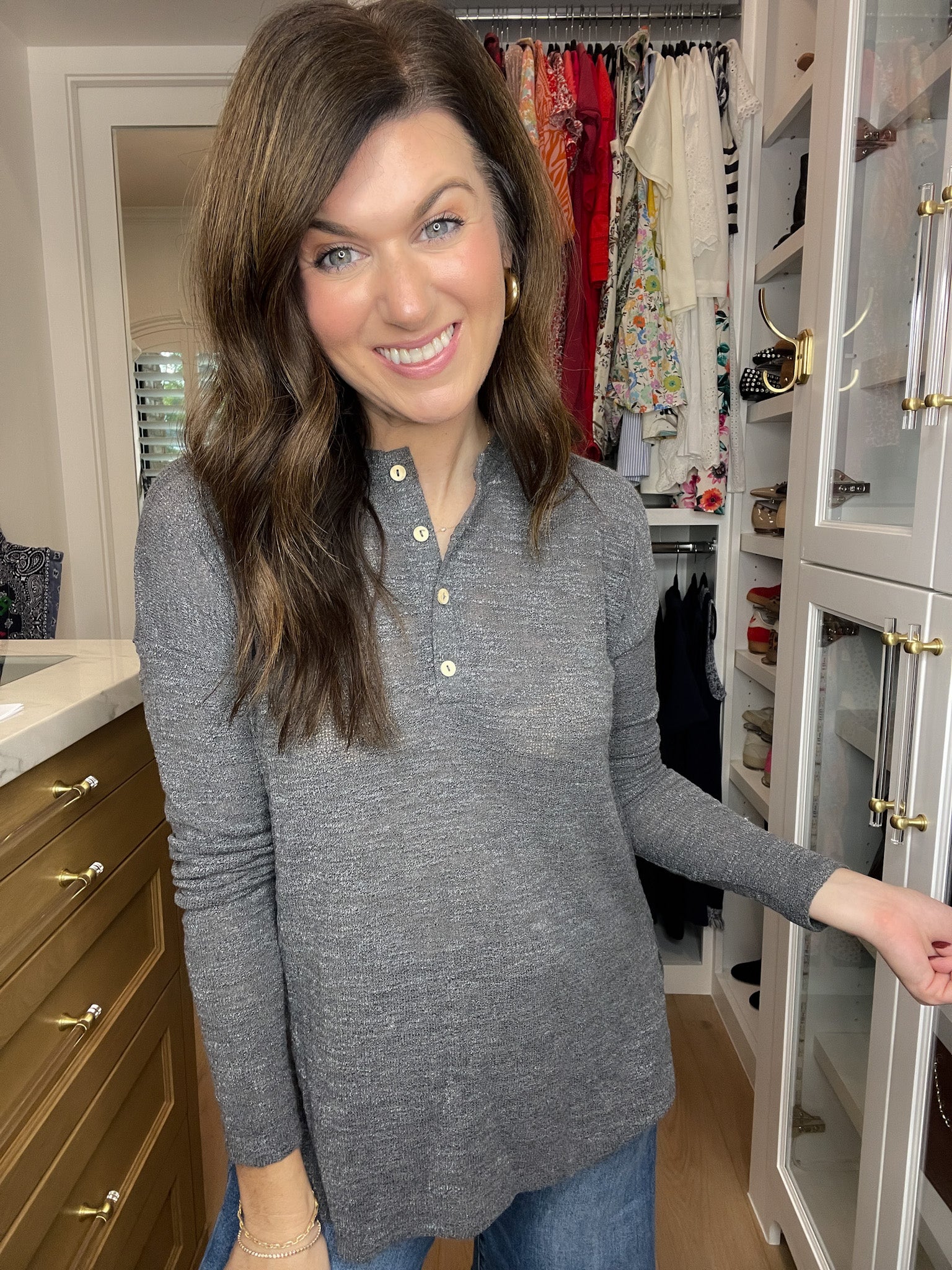 Simple Charm Knit Henley in Charcoal