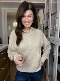 Gridline Textured Half-Zip Pullover in Taupe